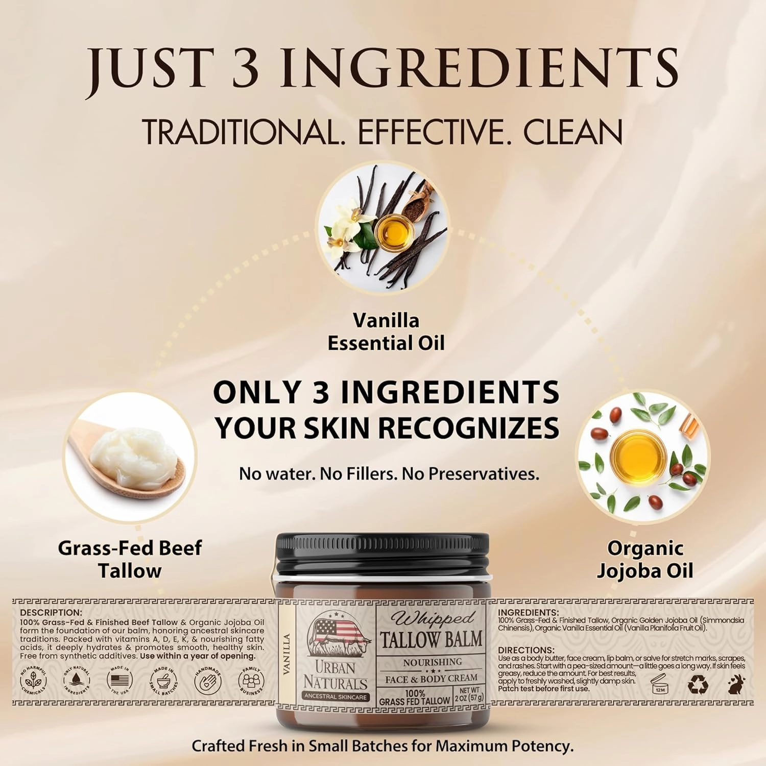 Urban Naturals Handmade Whipped Tallow Balm (Vanilla) - 100% Grass-fed Organic Body Butter with Infused Jojoba Oil, for Eczema, Rosacea, Baby - 2 oz