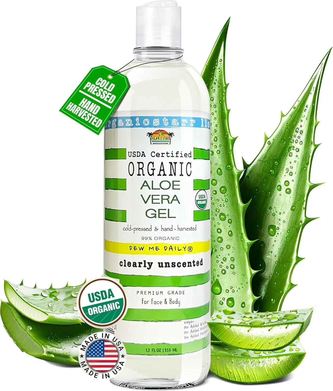 USDA Certified Organic Aloe Vera Gel 12 oz - 100% Pure, Cold Pressed, Hand Harvested, Unscented, Chemical-Free - Skin & Hair Care, Sun-kissed Skin, Made in USA