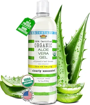 USDA Certified Organic Aloe Vera Gel 12 oz - 100% Pure, Cold Pressed, Hand Harvested, Unscented, Chemical-Free - Skin & Hair Care, Sun-kissed Skin, Made in USA