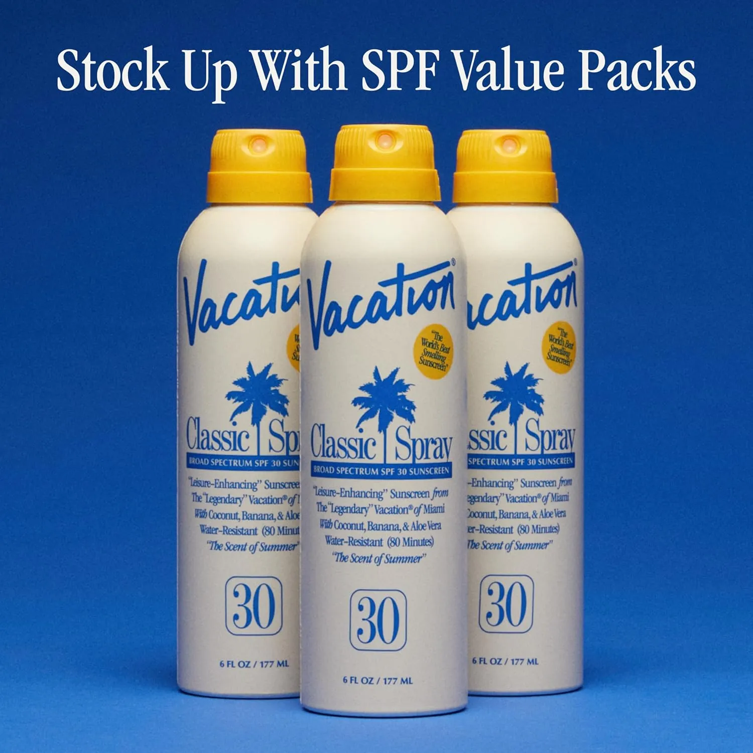 Vacation Classic Sunscreen Spray SPF 30, Water-Resistant, Lightweight, Transparent on All Skin Tones, Dermatologist-Tested, Vegan, 6 Fl. Oz. (Value Pack of 3)