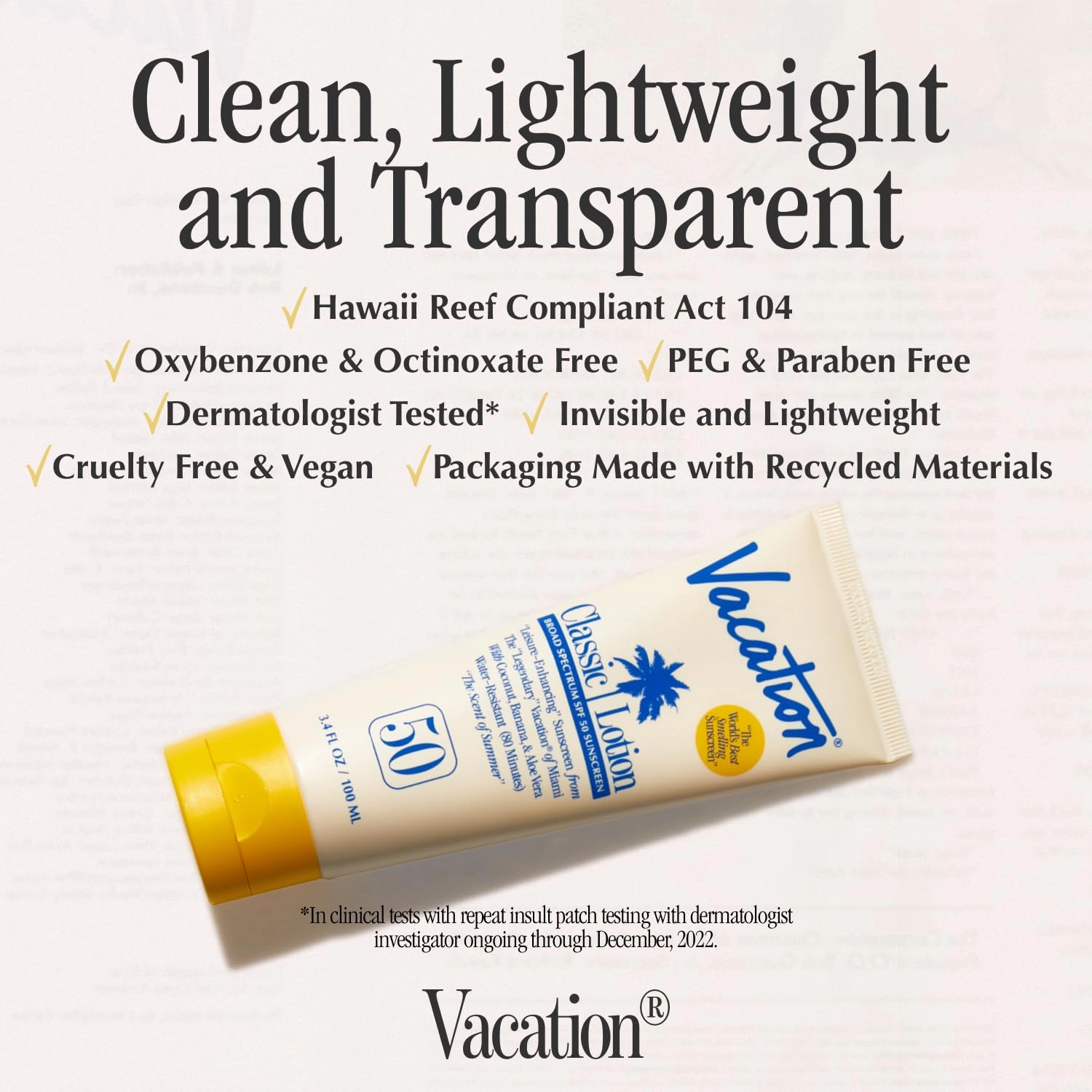 Vacation Classic Sunscreen Lotion SPF 50, Water-Resistant, Lightweight, Transparent on All Skin Tones, Dermatologist-Tested, Vegan, Travel Size, 3.4 Fl. Oz. (Value Pack of 3)