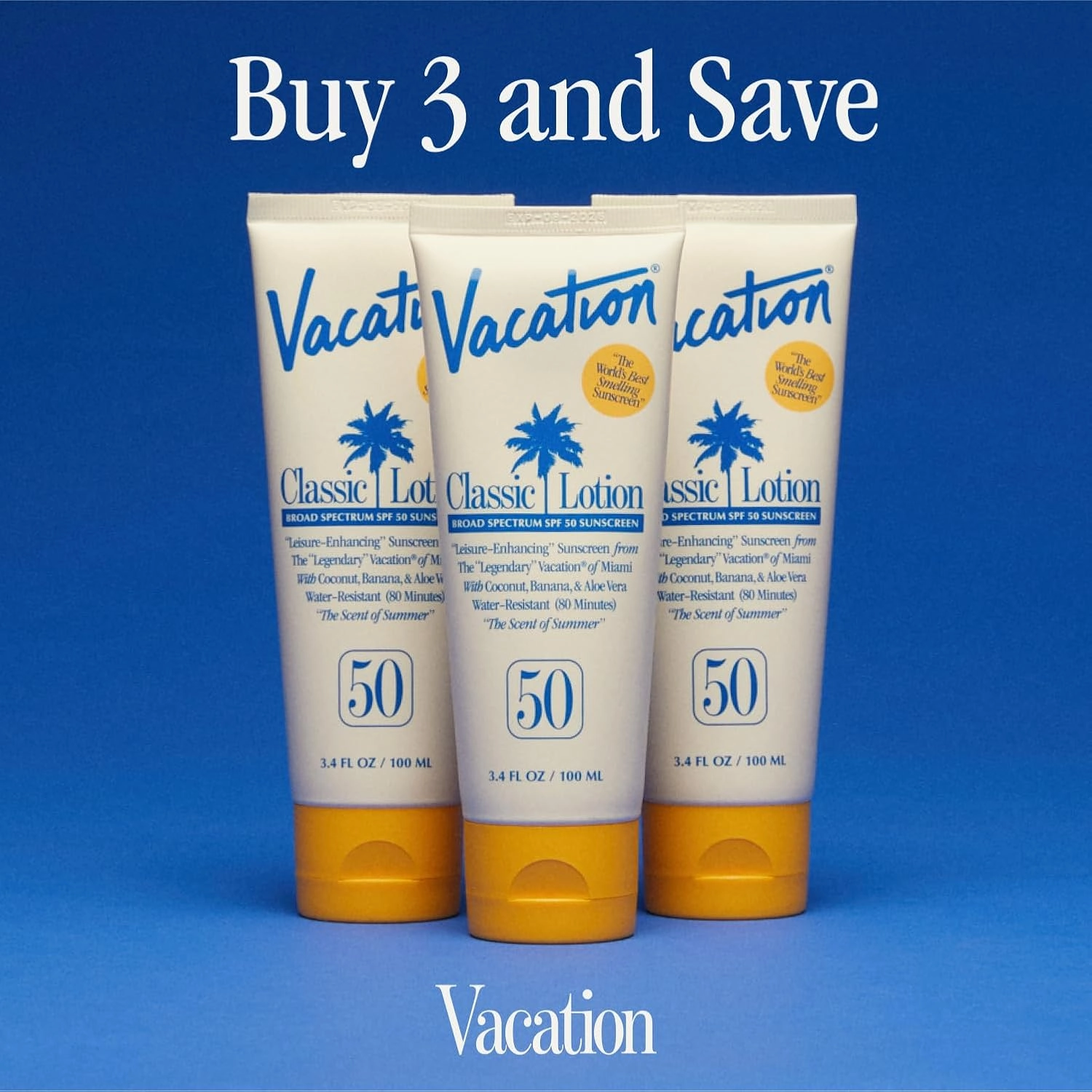 Vacation Classic Sunscreen Lotion SPF 50, Water-Resistant, Lightweight, Transparent on All Skin Tones, Dermatologist-Tested, Vegan, Travel Size, 3.4 Fl. Oz. (Value Pack of 3)