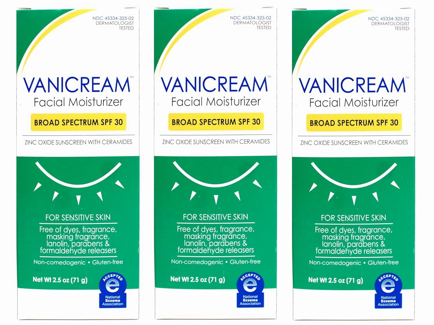 Vanicream Facial Moisturizer Broad Spectrum SPF 30, Zinc Oxide Sunscreen with Ceramides, For Sensitive Skin, Non-Comedogenic and Fragrance-Free, 2.5 oz (Pack of 3)