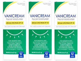 Vanicream Facial Moisturizer Broad Spectrum SPF 30, Zinc Oxide Sunscreen with Ceramides, For Sensitive Skin, Non-Comedogenic and Fragrance-Free, 2.5 oz (Pack of 3)