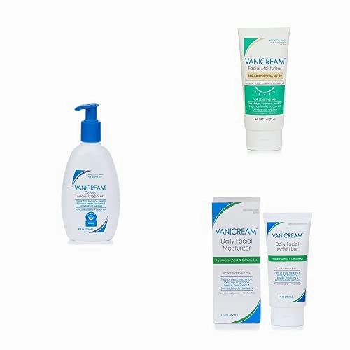 Vanicream Gentle Facial Cleanser with Pump (8 Oz), Facial Moisturizer with SPF (2.5 Oz) & Daily Facial Moisturizer (3 Oz)