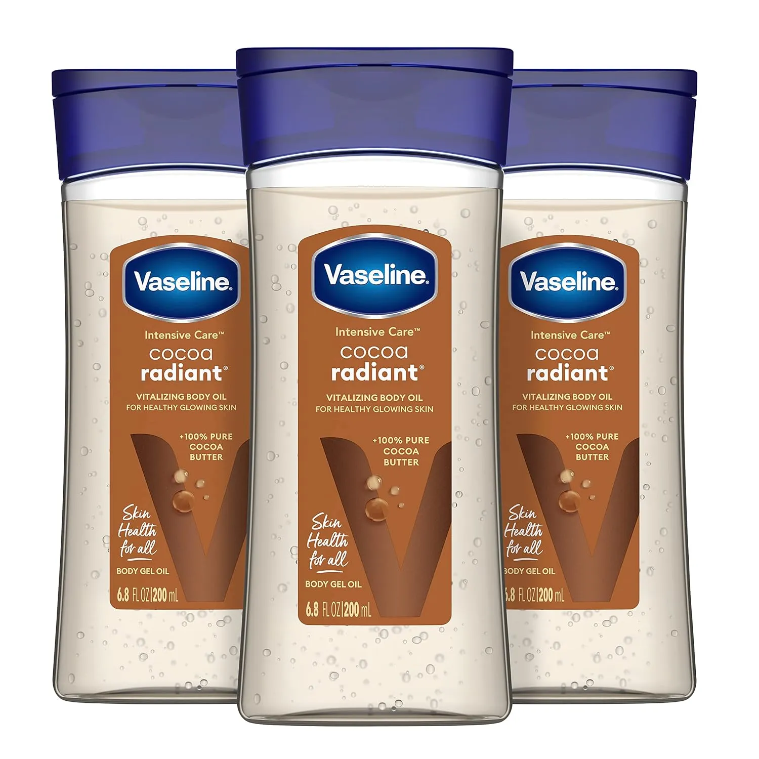 Vaseline Intensive Care Cocoa Radiant For Glowing Skin 3 Count Body Gel Oil Body Oil Made with 100% Pure Cocoa Butter   Replenishing Oils 6.8oz