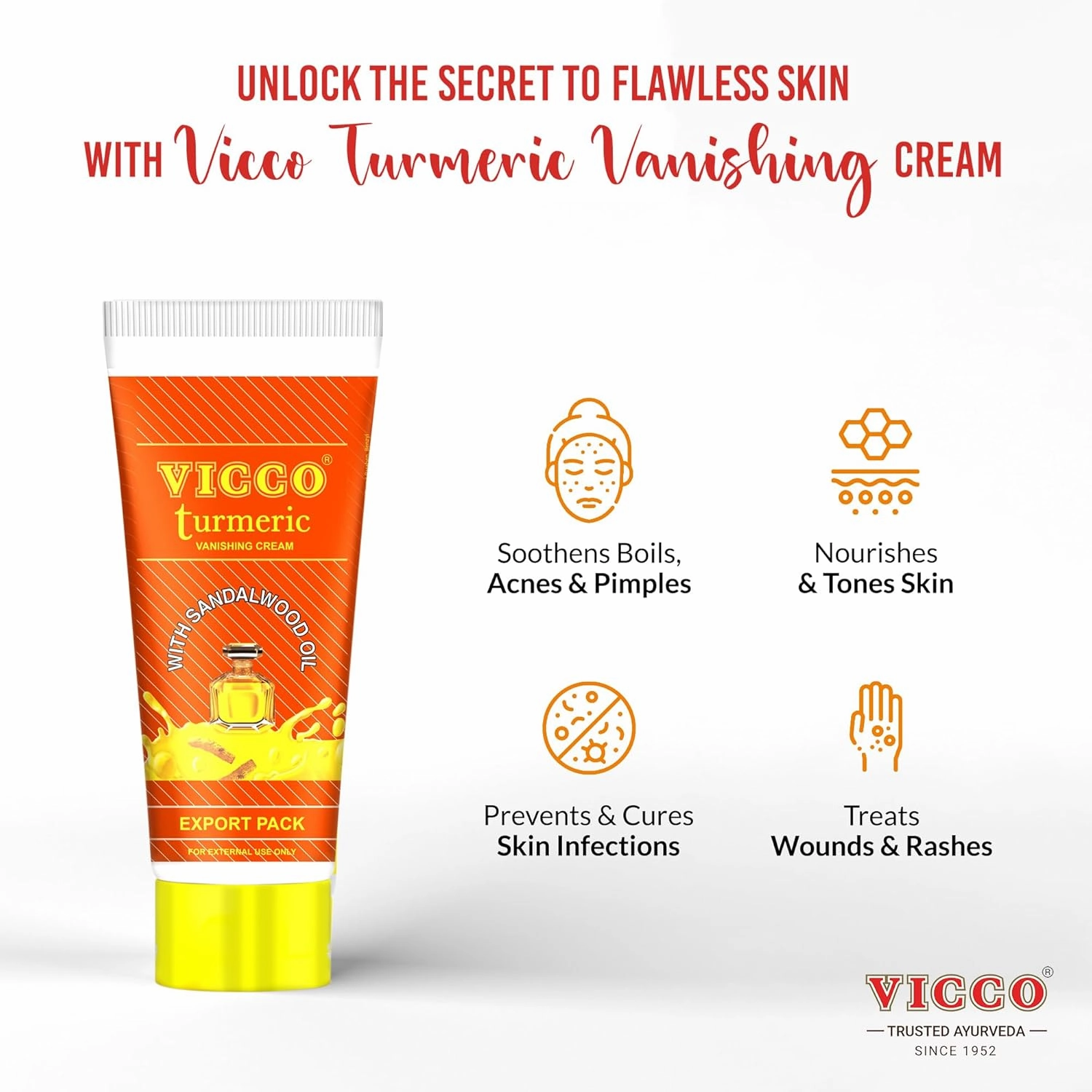 Vicco Turmeric Face Moisturizer Cream, with Sandalwood Oil 70 Year Legacy of Ayurveda, Hydrating with Natural Turmeric for Clear, Radiant Skin, Vegan, 100% Natural - 2.82 oz (3 Pack)