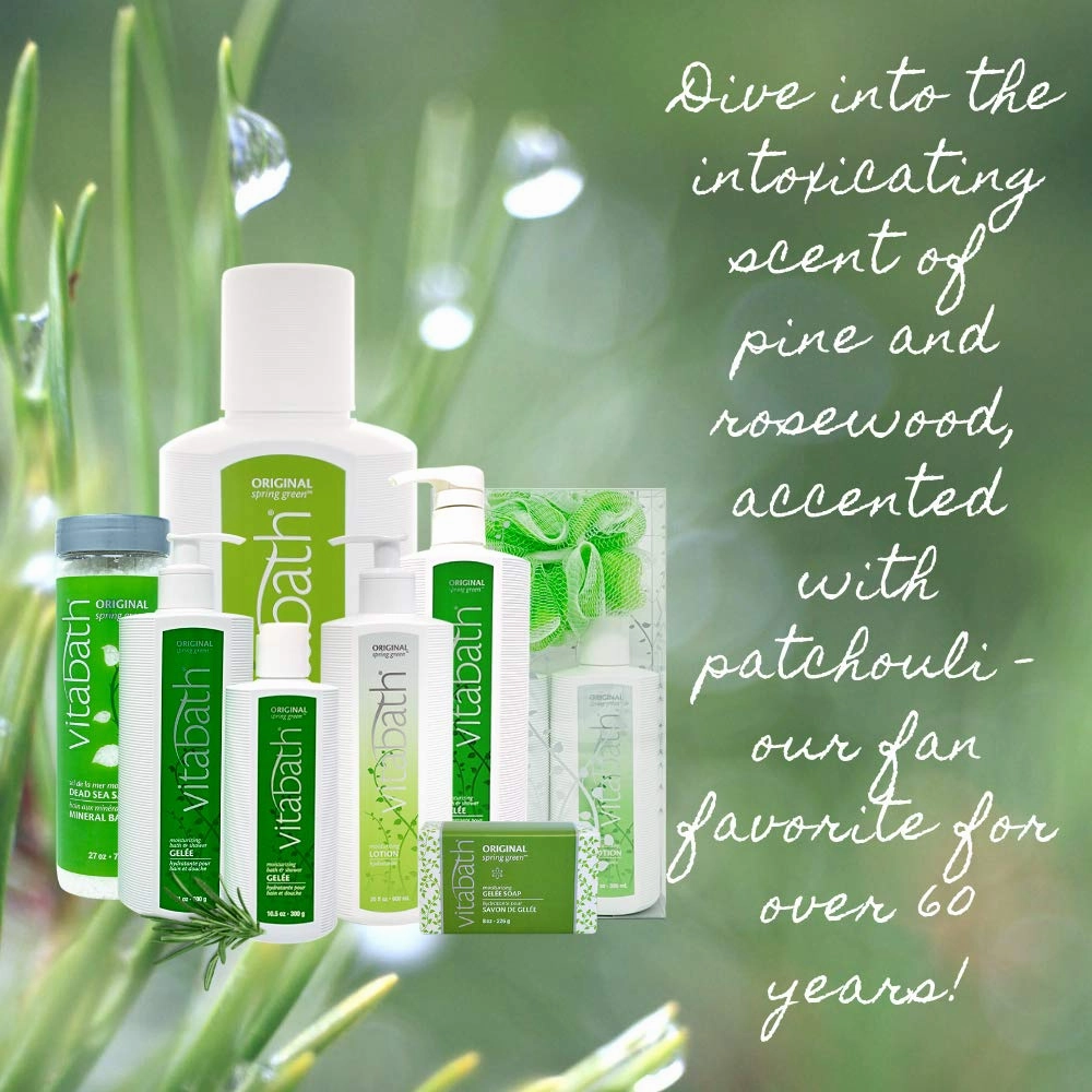 Vitabath Original Spring Green Everyday Skincare Set Moisturizing Shower Gel Wash, Reviving Lotion & Exfoliating Body Scrubber Pouf - Intoxicating Foam Cleanser & Dry Skin Hydration for Women & Men