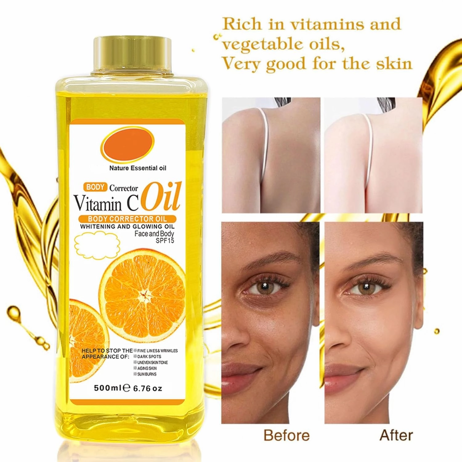Vitamin C Body Oil, Vitamin C Retinol Body Oil, Vit C Body Corrector Whitening and Glowing Oil for Face and Body Moisturizer Nourishing (300ml)