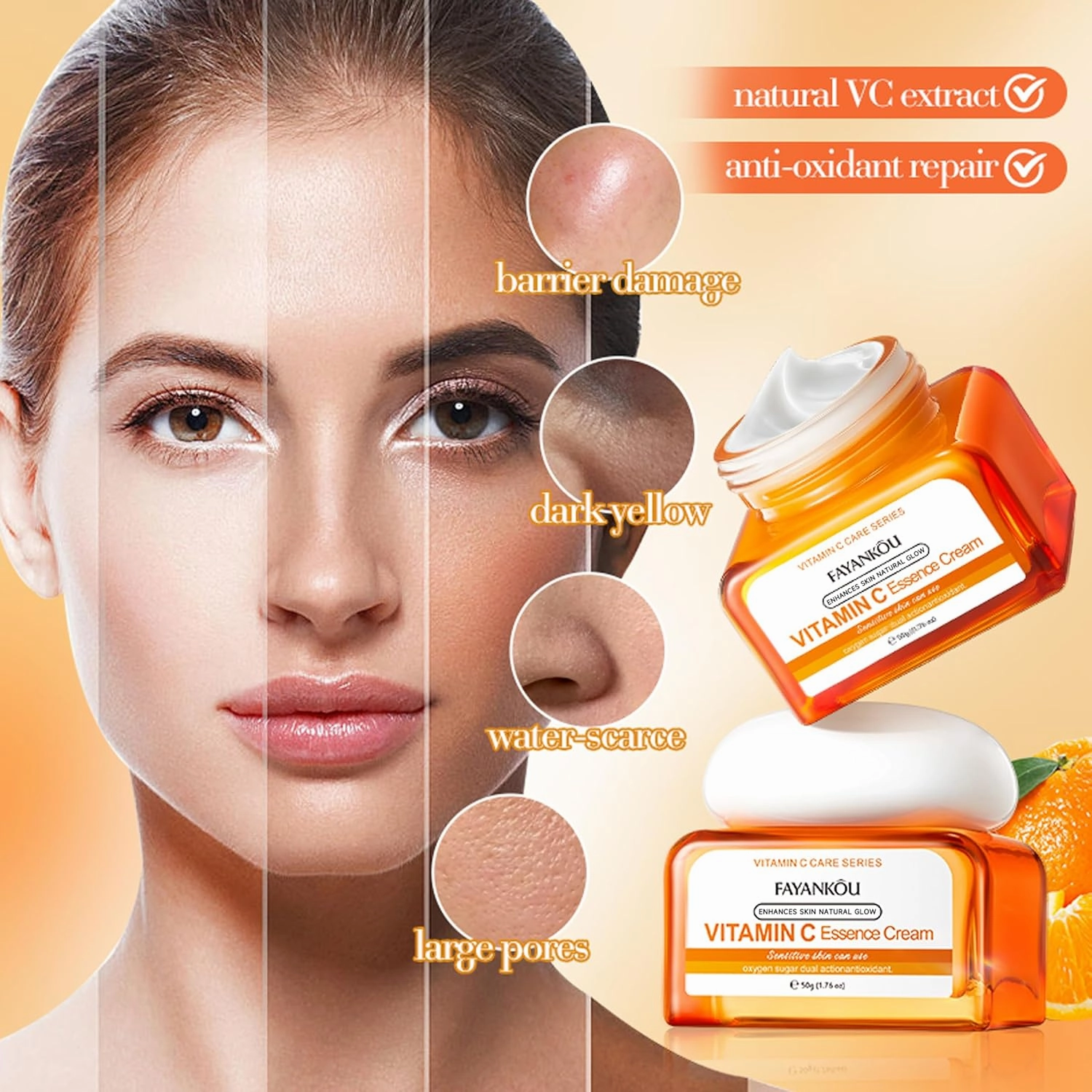 Vitamin C Essence Cream - Brightening & Antioxidant Face Moisturizer with Natural VC Extract - Lightweight, Non-Sticky Formula for Dullness & Uneven Skin Tone - 1.7 Oz