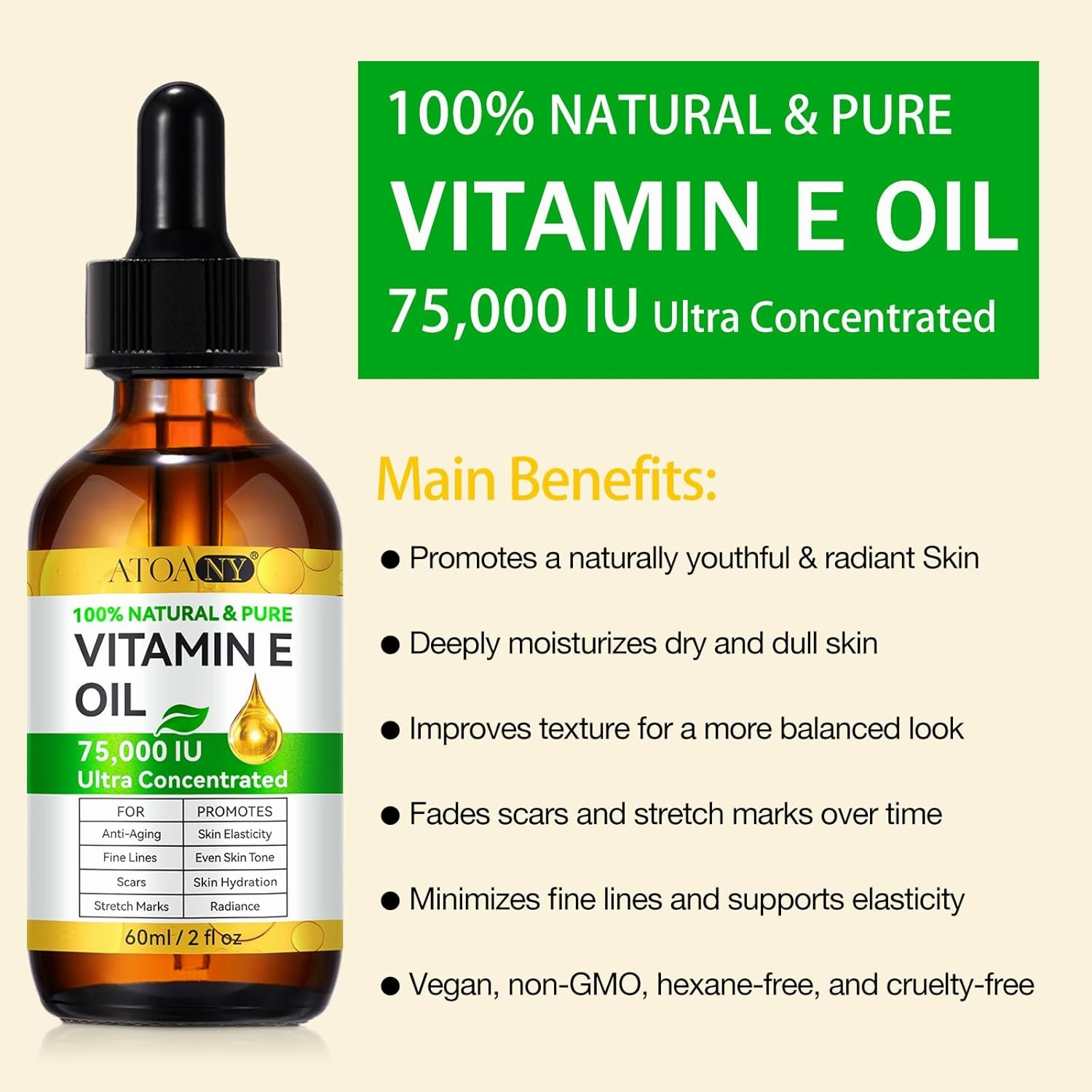 Vitamin E Oil, 75000 IU Ultra Concentrated – 100% Natural & Pure for Face, Skin, Scars – Moisturizes Dry Skin & Reduces Wrinkles – Mothers Day Gifts for Mom, Women, Wife - 2 Packs