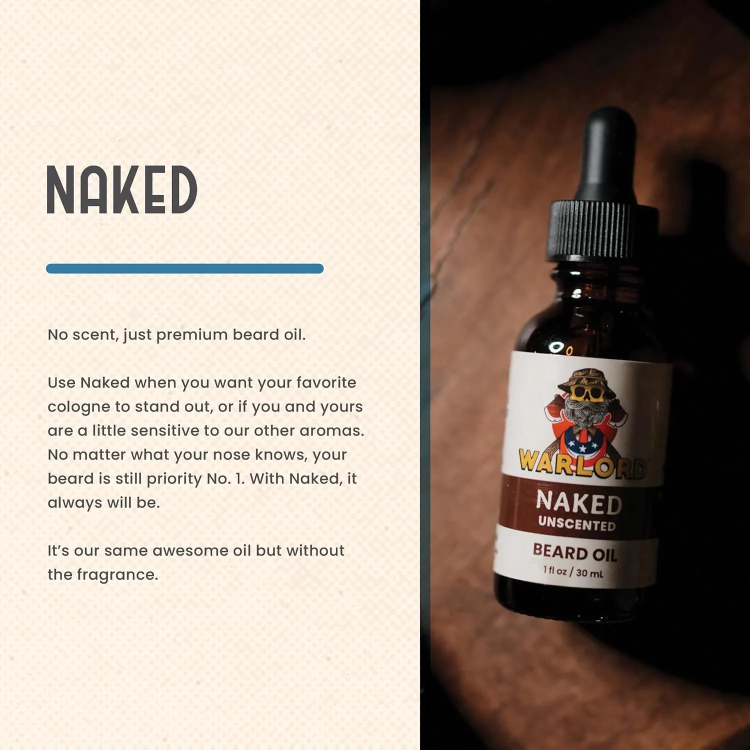WARLORD Beard Oil & Beard Softener for Men - Beard Moisturizer & Natural Beard Oil to Reduce Itchy Skin, Tame Hair and Manage Frizz - Naked Unscented, 1 Fl Oz