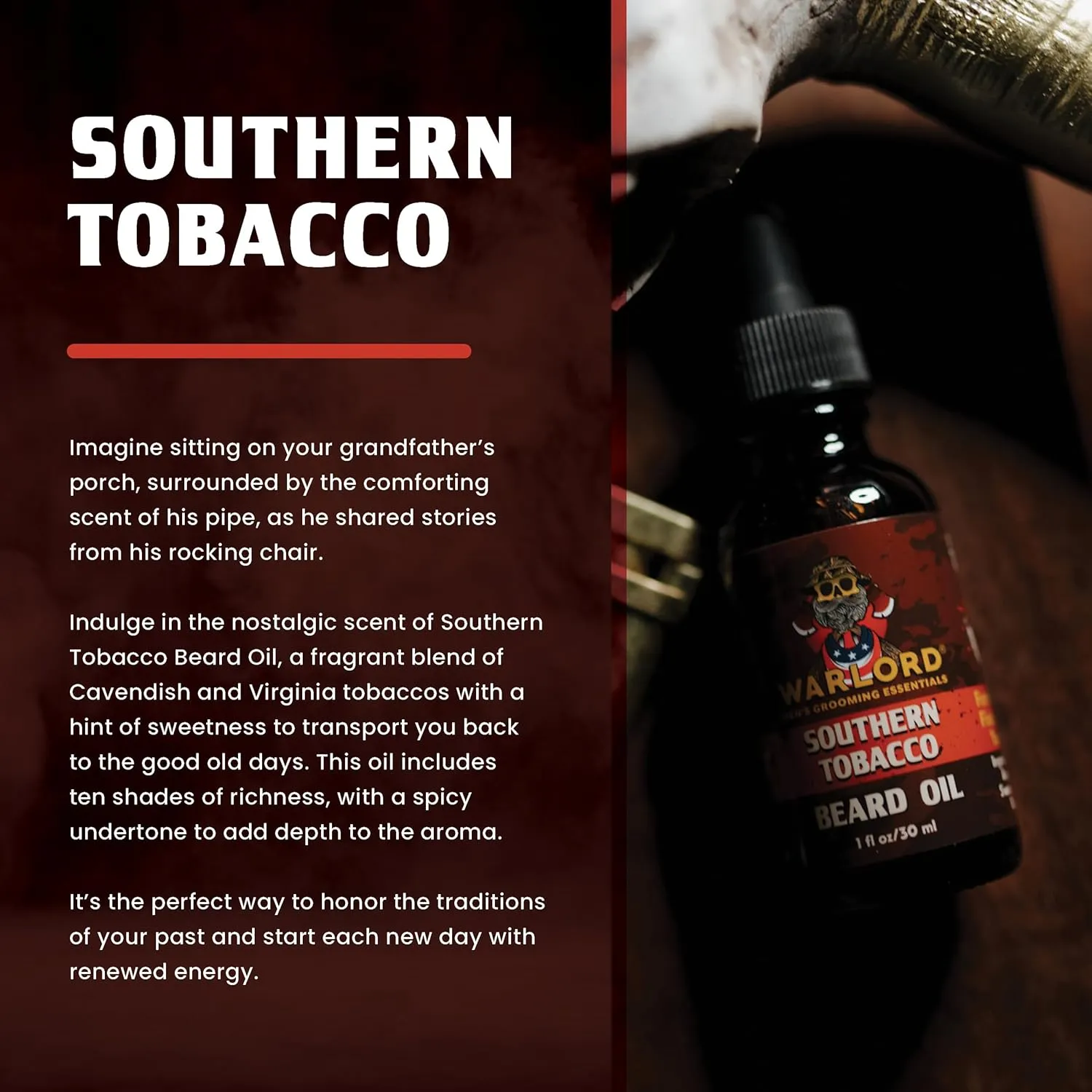 WARLORD Beard Oil & Beard Softener for Men - Beard Moisturizer & Natural Beard Oil to Reduce Itchy Skin, Tame Hair and Manage Frizz - Southern Tobacco, 1 Fl Oz