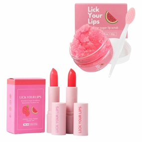 Watermelon Sugar Lip Scrub & Tinted Lip Balm and and Strawberry Sugar Lip Scrub Stick Duo