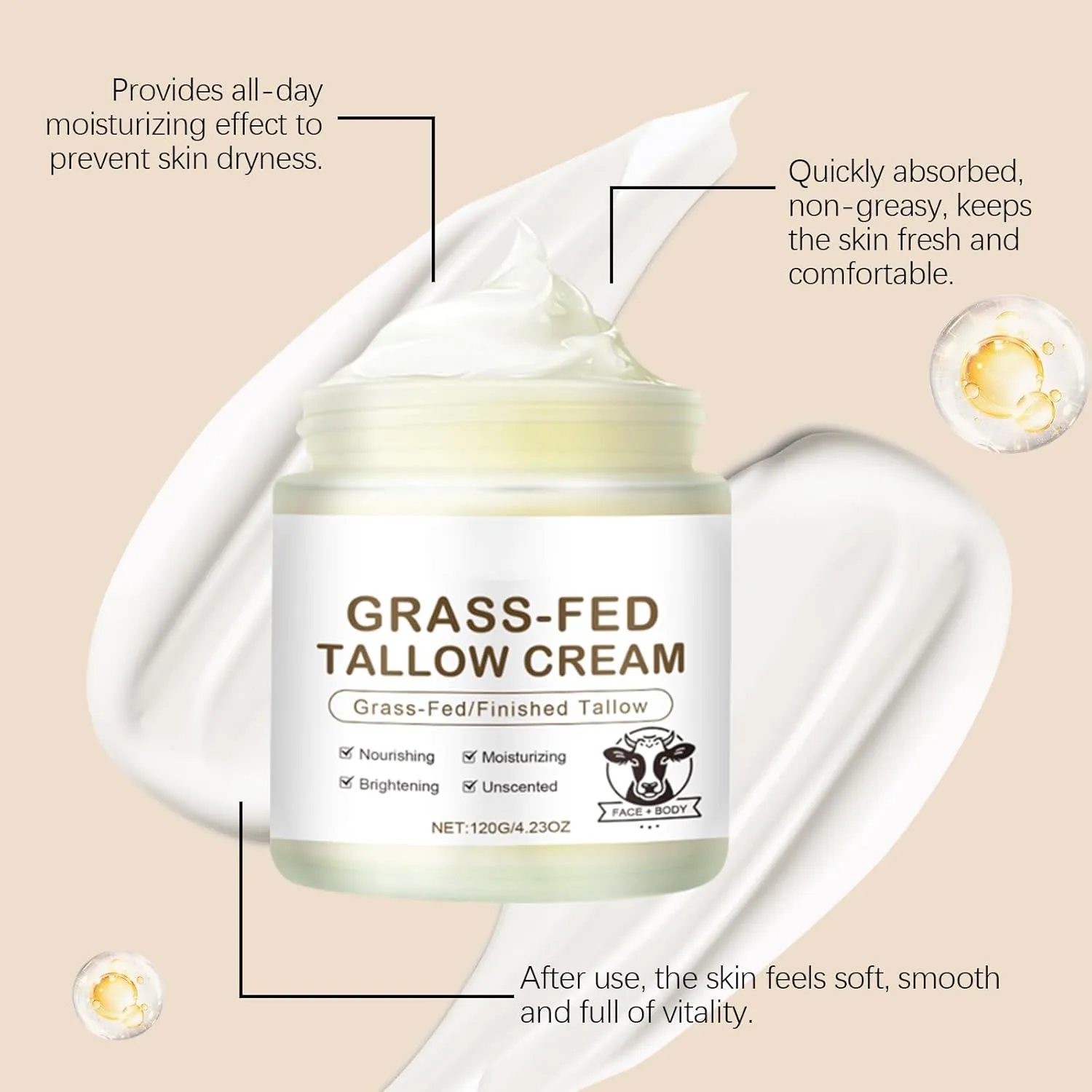 Whipped Beef Tallow For Face,Organic Beef Tallow For Skin,Deeply Moisturizing for Face & Body,Enhances Natural Radiance,Natural Skin Care for Soft, Supple Skin (3PCS)