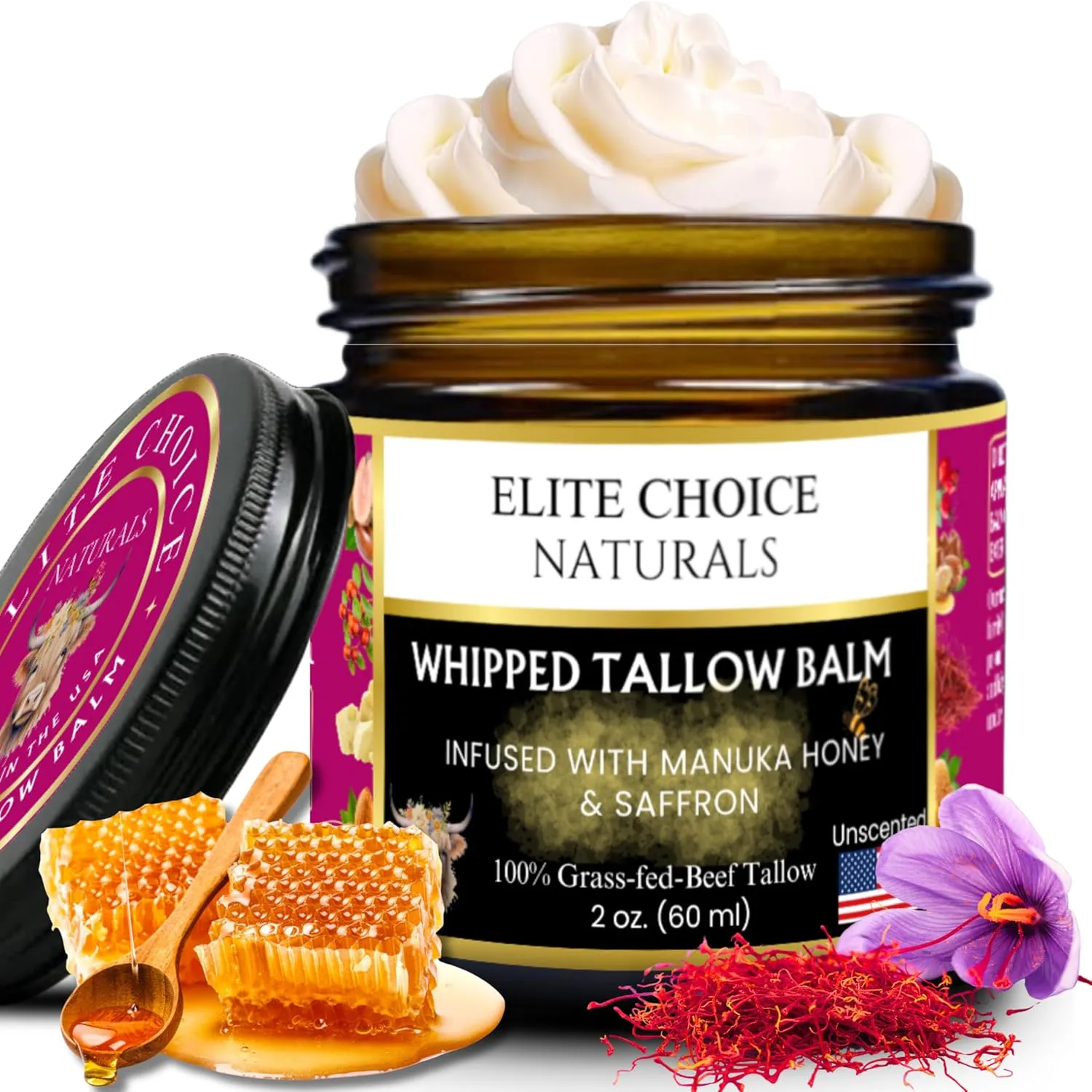 Whipped Tallow Balm - 100% Grass-Fed Beef Tallow, Pure Organic Moisturizer for Face & Body, Anti-Aging, Wrinkles, Fine Lines, Firming, Uneven Tone & Pigmentation - Handmade (2 Fl oz, Unscented)