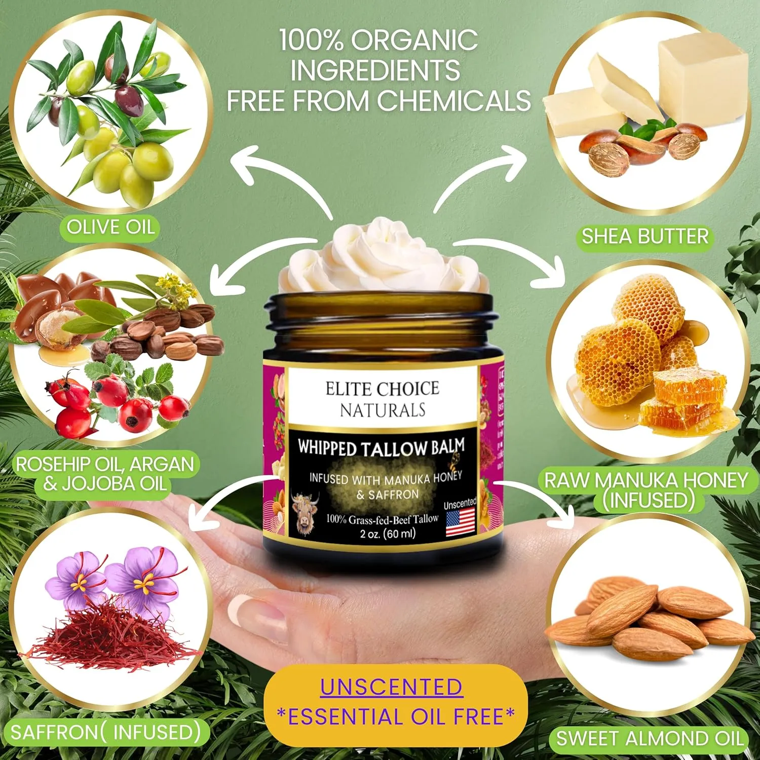 Whipped Tallow Balm - 100% Grass-Fed Beef Tallow, Pure Organic Moisturizer for Face & Body, Anti-Aging, Wrinkles, Fine Lines, Firming, Uneven Tone & Pigmentation - Handmade (2 Fl oz, Unscented)