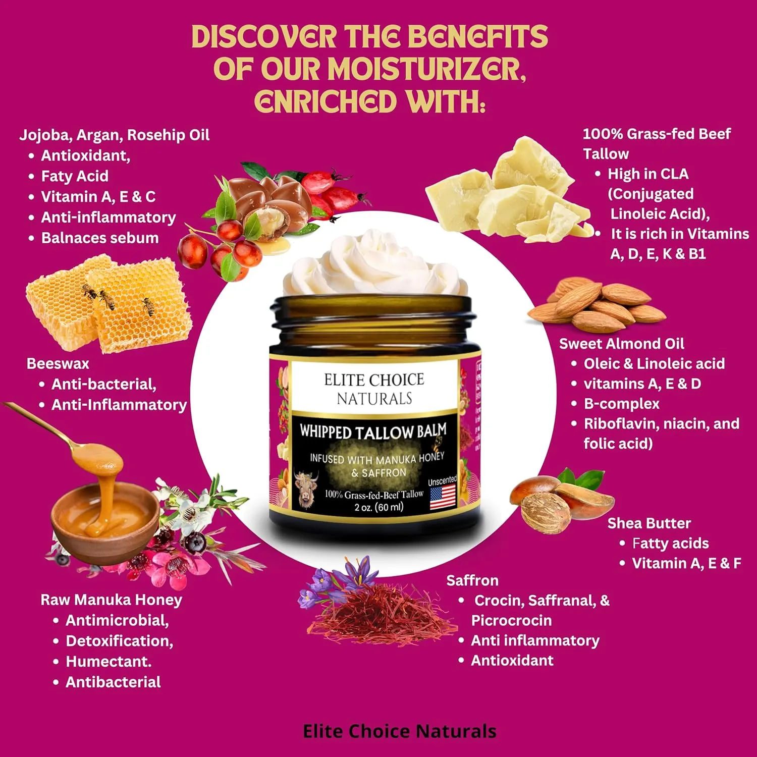 Whipped Tallow Balm - 100% Grass-Fed Beef Tallow, Pure Organic Moisturizer for Face & Body, Anti-Aging, Wrinkles, Fine Lines, Firming, Uneven Tone & Pigmentation - Handmade (2 Fl oz, Unscented)