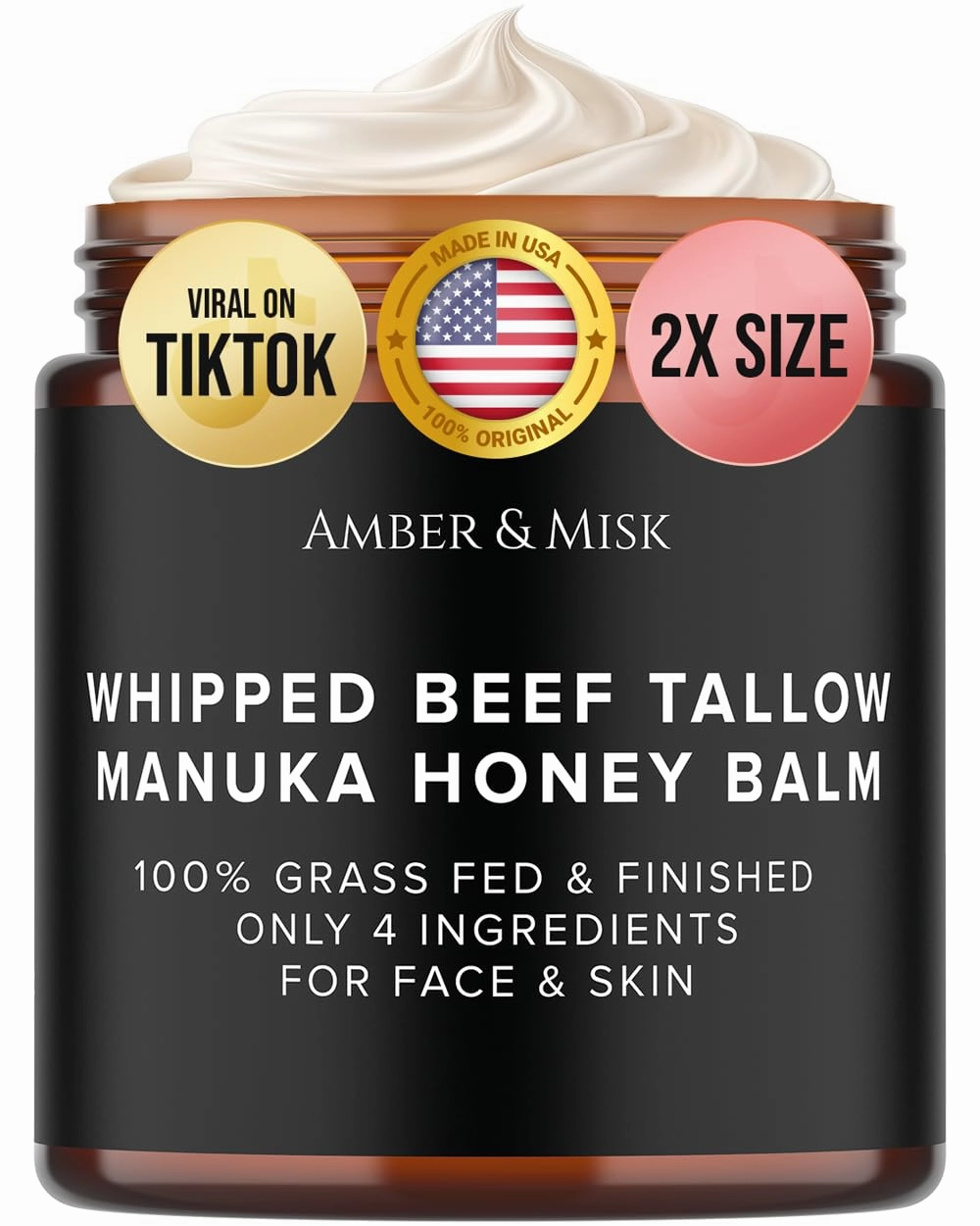Whipped Beef Tallow and Honey Balm, 100% Grass Fed Beef Tallow Balm, Grass Finished Organic Beef Tallow for Skin, Face Wrinkles, Acne, No Fragrances, Made In USA Products Only, TikTok Trend Items