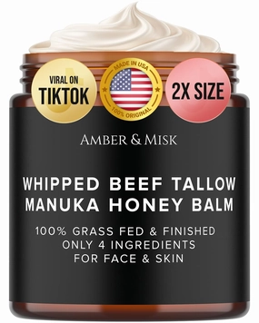 Whipped Beef Tallow and Honey Balm, 100% Grass Fed Beef Tallow Balm, Grass Finished Organic Beef Tallow for Skin, Face Wrinkles, Acne, No Fragrances, Made In USA Products Only, TikTok Trend Items