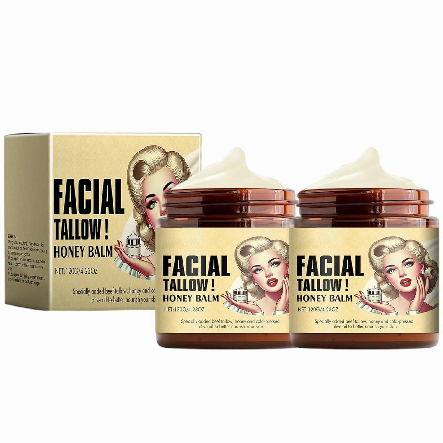 Whipped Beef Tallow and Honey Balm, Beef Tallow for Skin,Whipped Tallow Honey Balm, Tallow Face Moisturizer Cream, Body Lotion, and Lip Balm - 4.23oz (2 Bottle)