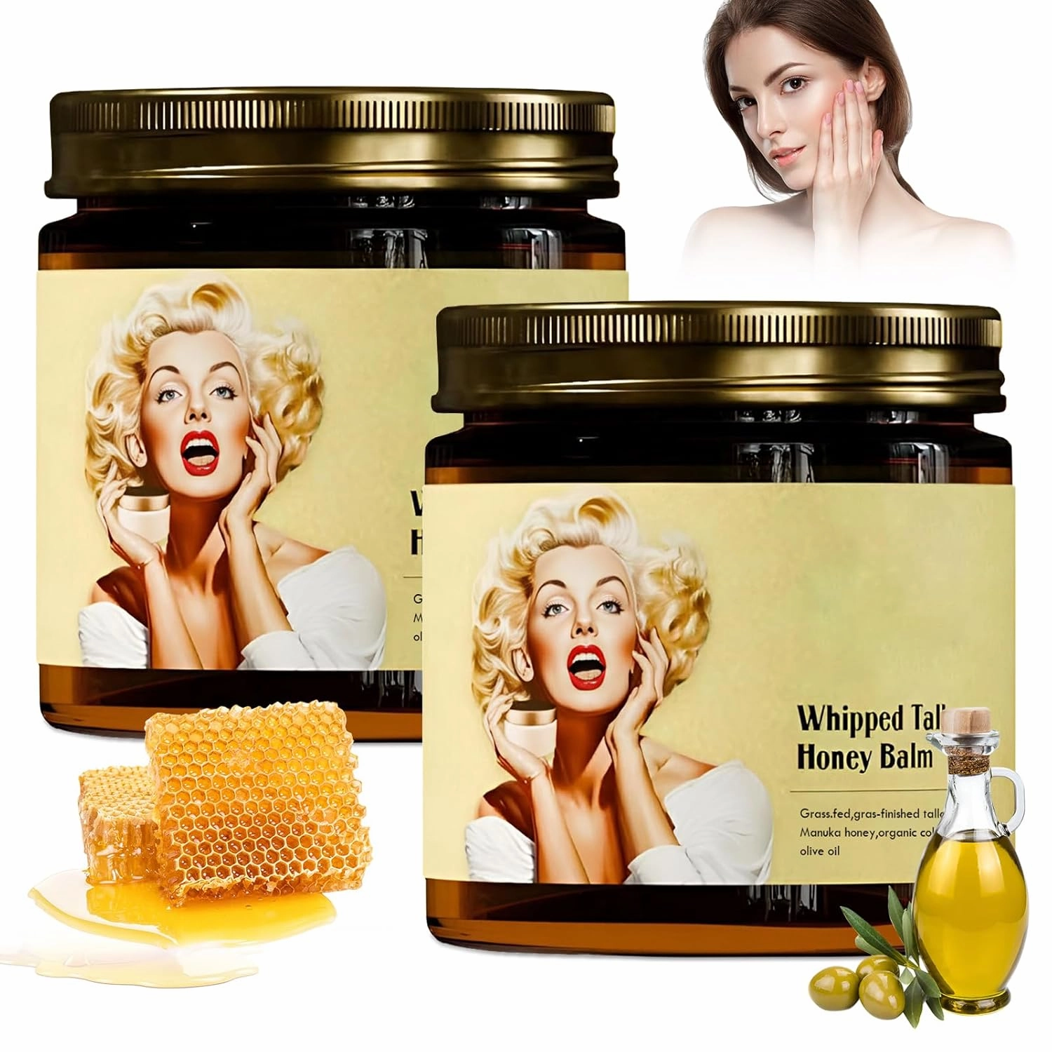 Whipped Beef Tallow and Manuka Honey Balm, Facial Tallow and Honey Balm, Organic Nourishing Face Cream, Moisturizer, Body Lotion, Skin Care and Lip Balm Hydrating Moisturizing (2PC)