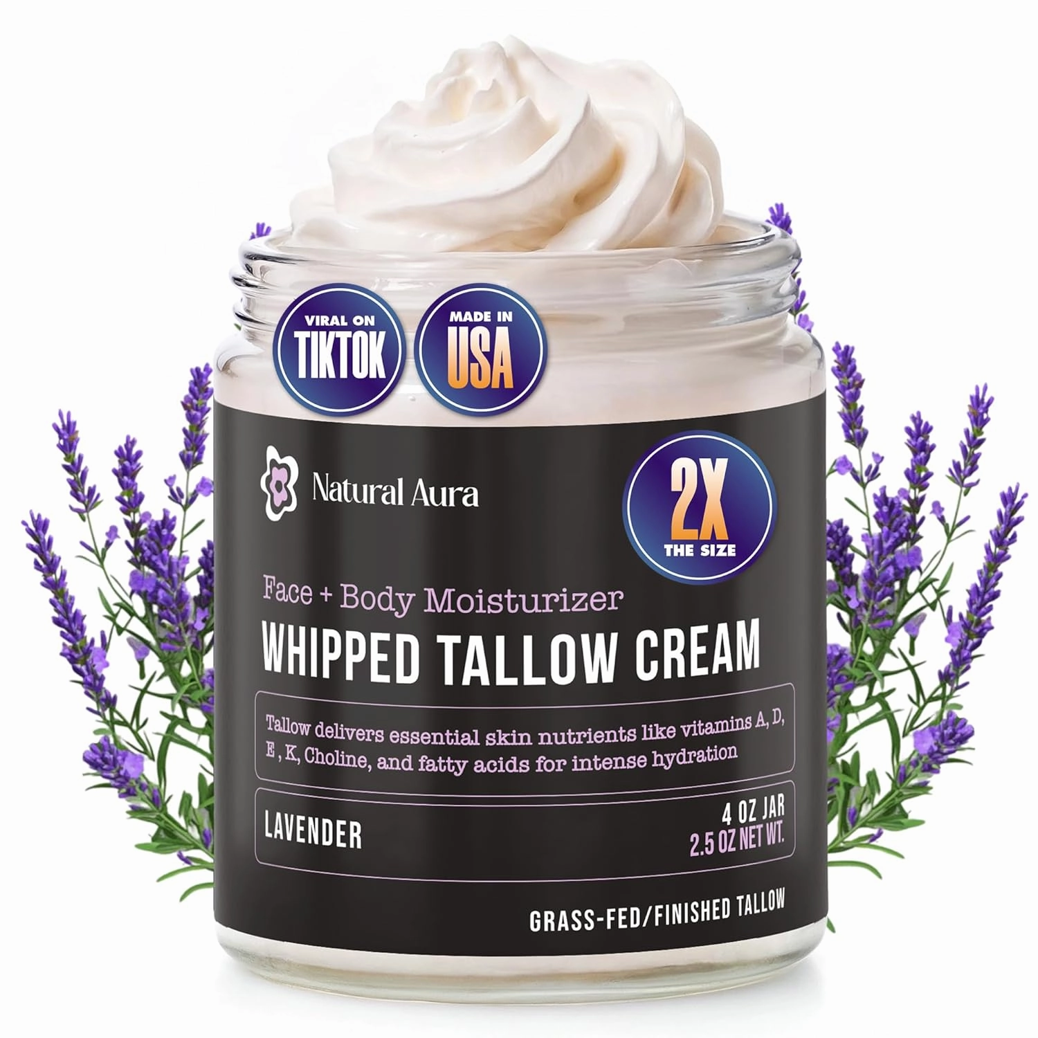 Whipped Beef Tallow for Skin - Face   Body Moisturizer, 100% Grass Fed Grass Finished Tallow and Honey Balm for Sensitive Skin, Eczema, Rosacea - 4oz, (Lavender)