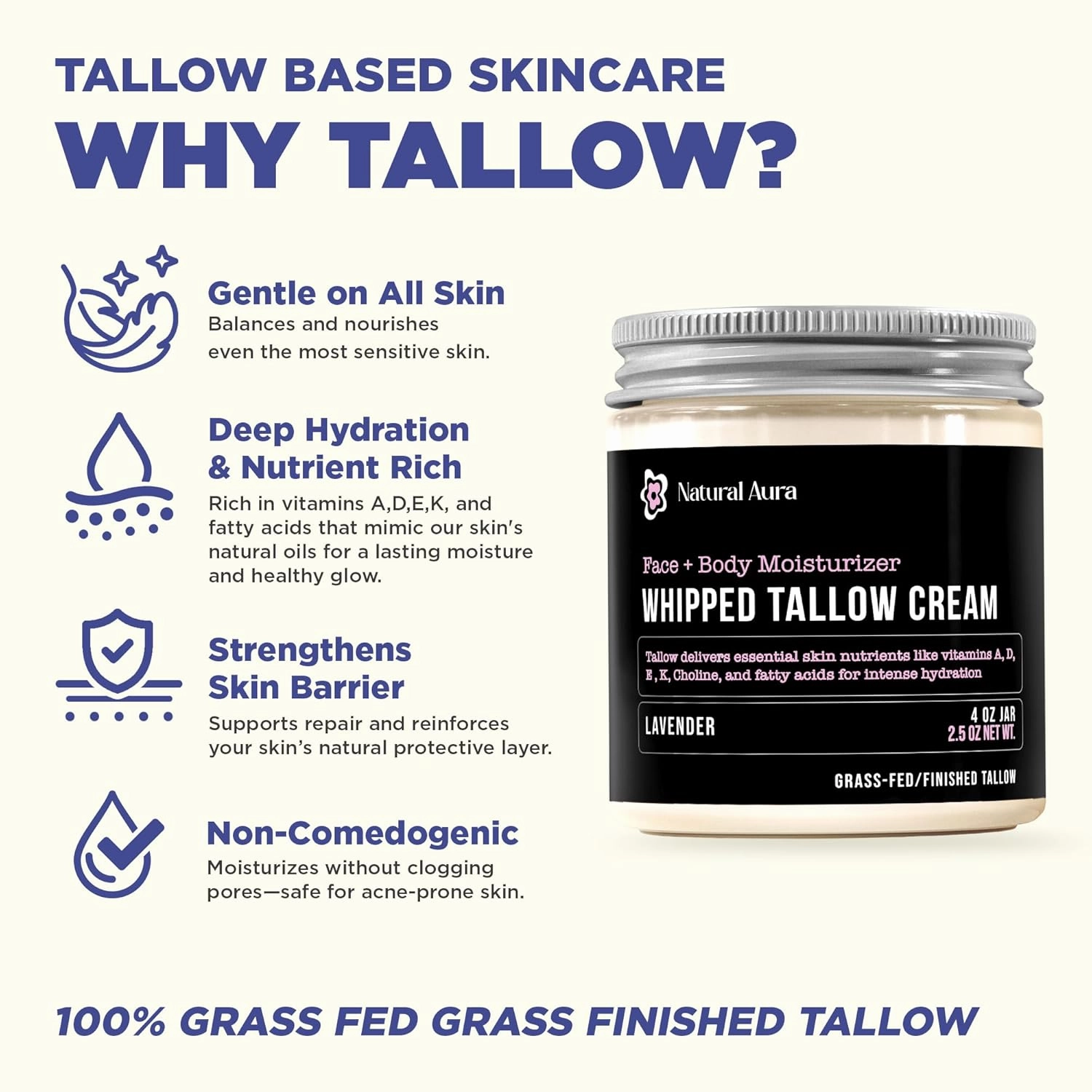 Whipped Beef Tallow for Skin - Face   Body Moisturizer, 100% Grass Fed Grass Finished Tallow and Honey Balm for Sensitive Skin, Eczema, Rosacea - 4oz, (Lavender)