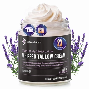 Whipped Beef Tallow for Skin - Face   Body Moisturizer, 100% Grass Fed Grass Finished Tallow and Honey Balm for Sensitive Skin, Eczema, Rosacea - 4oz, (Lavender)