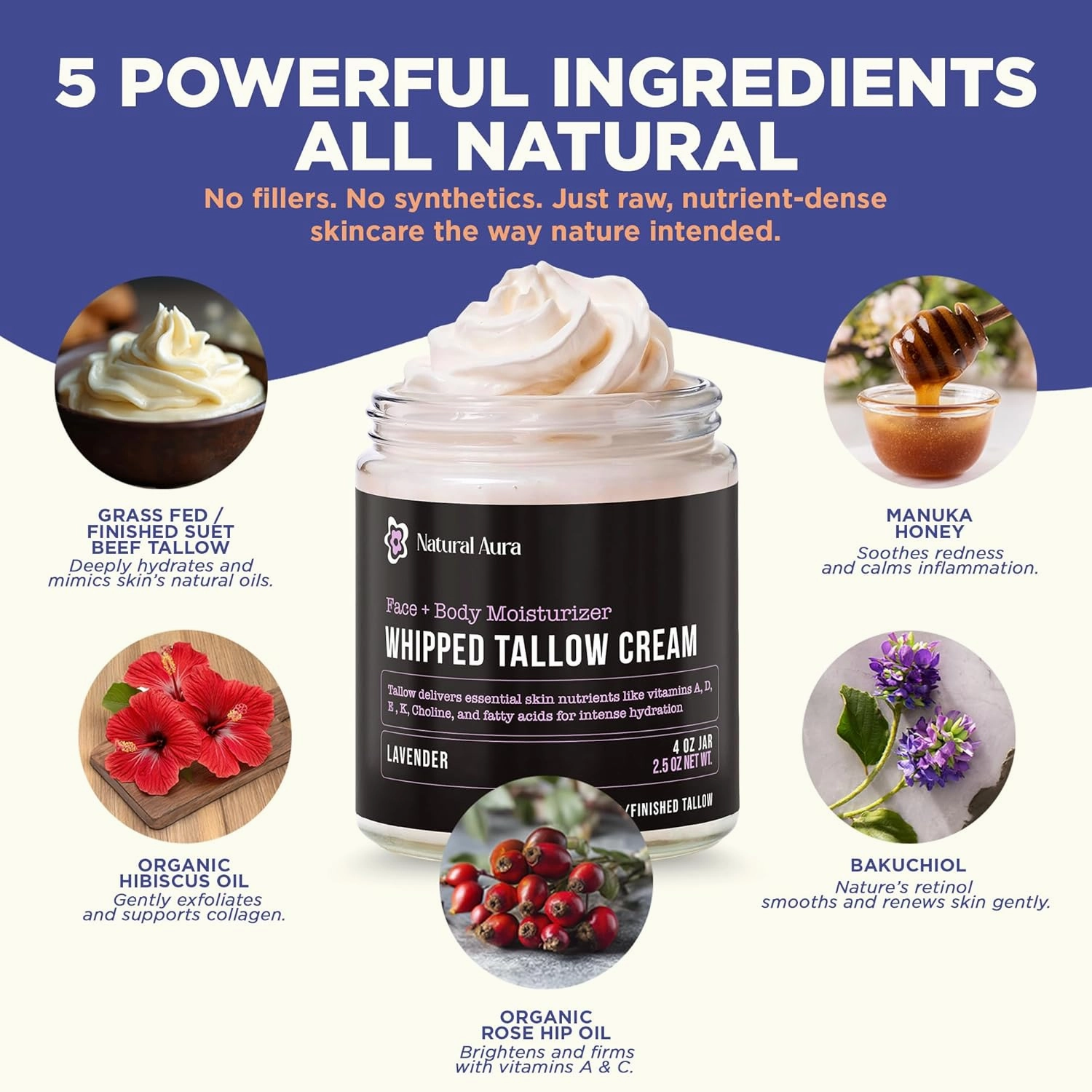 Whipped Beef Tallow for Skin - Face   Body Moisturizer, 100% Grass Fed Grass Finished Tallow and Honey Balm for Sensitive Skin, Eczema, Rosacea - 4oz, (Lavender)