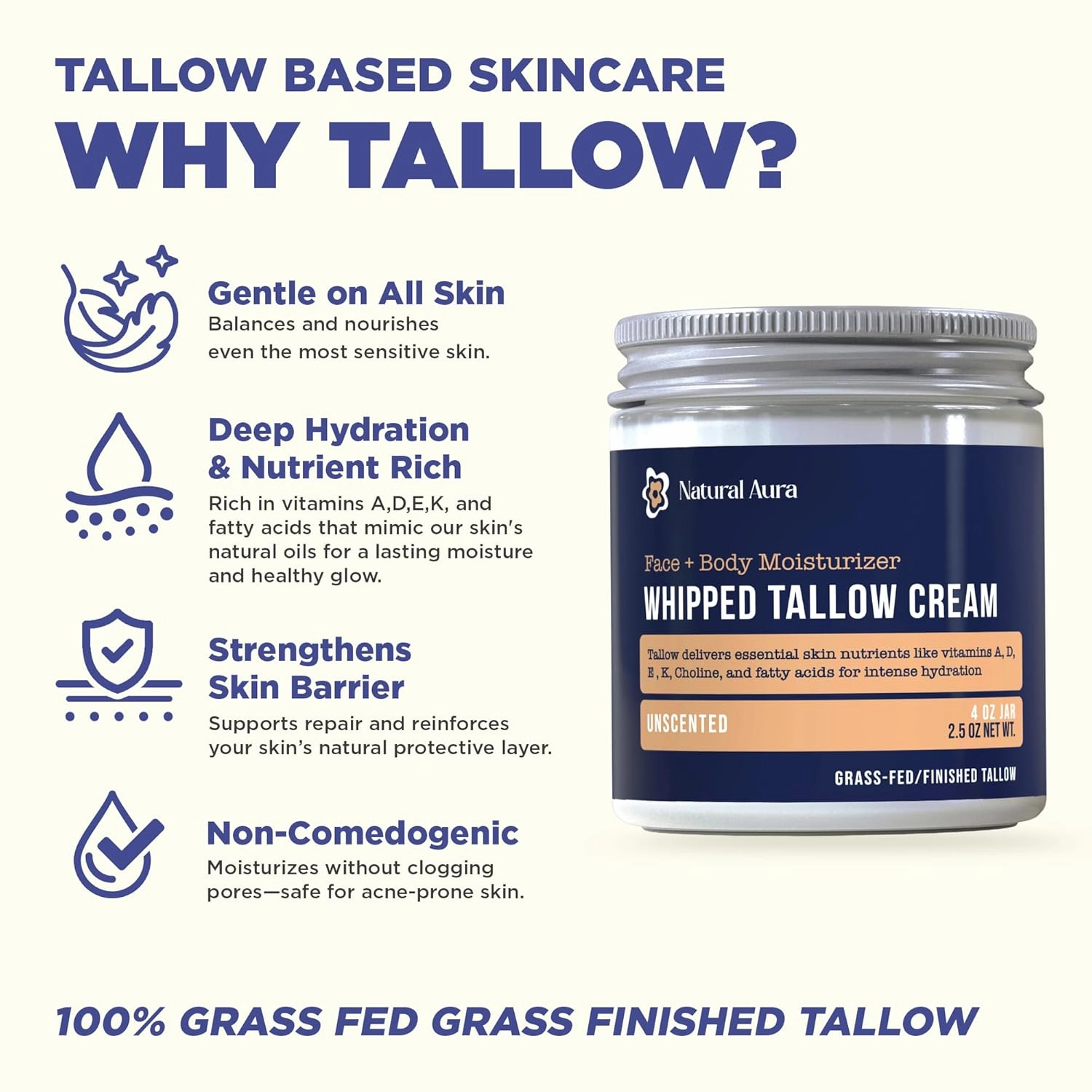 Whipped Beef Tallow for Skin - Face   Body Moisturizer, 100% Grass Fed Grass Finished Tallow and Honey Balm for Sensitive Skin, Eczema, Rosacea - 4oz, (Unscented)
