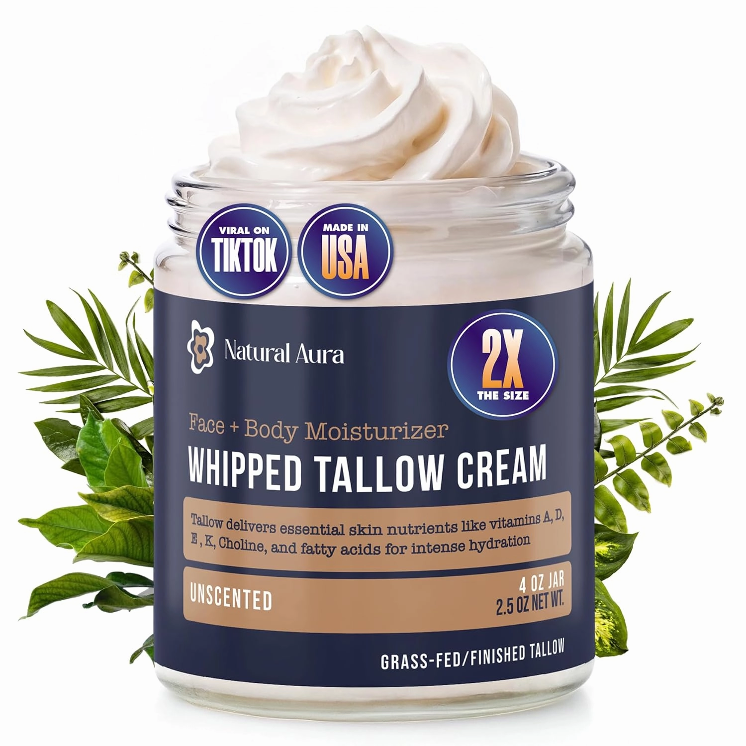 Whipped Beef Tallow for Skin - Face   Body Moisturizer, 100% Grass Fed Grass Finished Tallow and Honey Balm for Sensitive Skin, Eczema, Rosacea - 4oz, (Unscented)