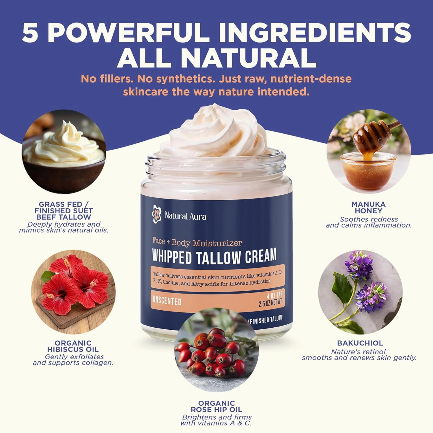 Whipped Beef Tallow for Skin - Face   Body Moisturizer, 100% Grass Fed Grass Finished Tallow and Honey Balm for Sensitive Skin, Eczema, Rosacea - 4oz, (Unscented)