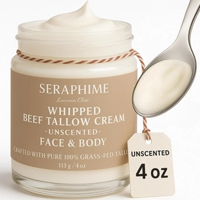 Whipped Beef Tallow for Skin Care, Organic Pure Grass Fed Beef Tallow Moisturizer Cream for Face & Body Lotion, Cow Tallow with Niacinamide, Shea Butter & Aloe, Unscented 4oz
