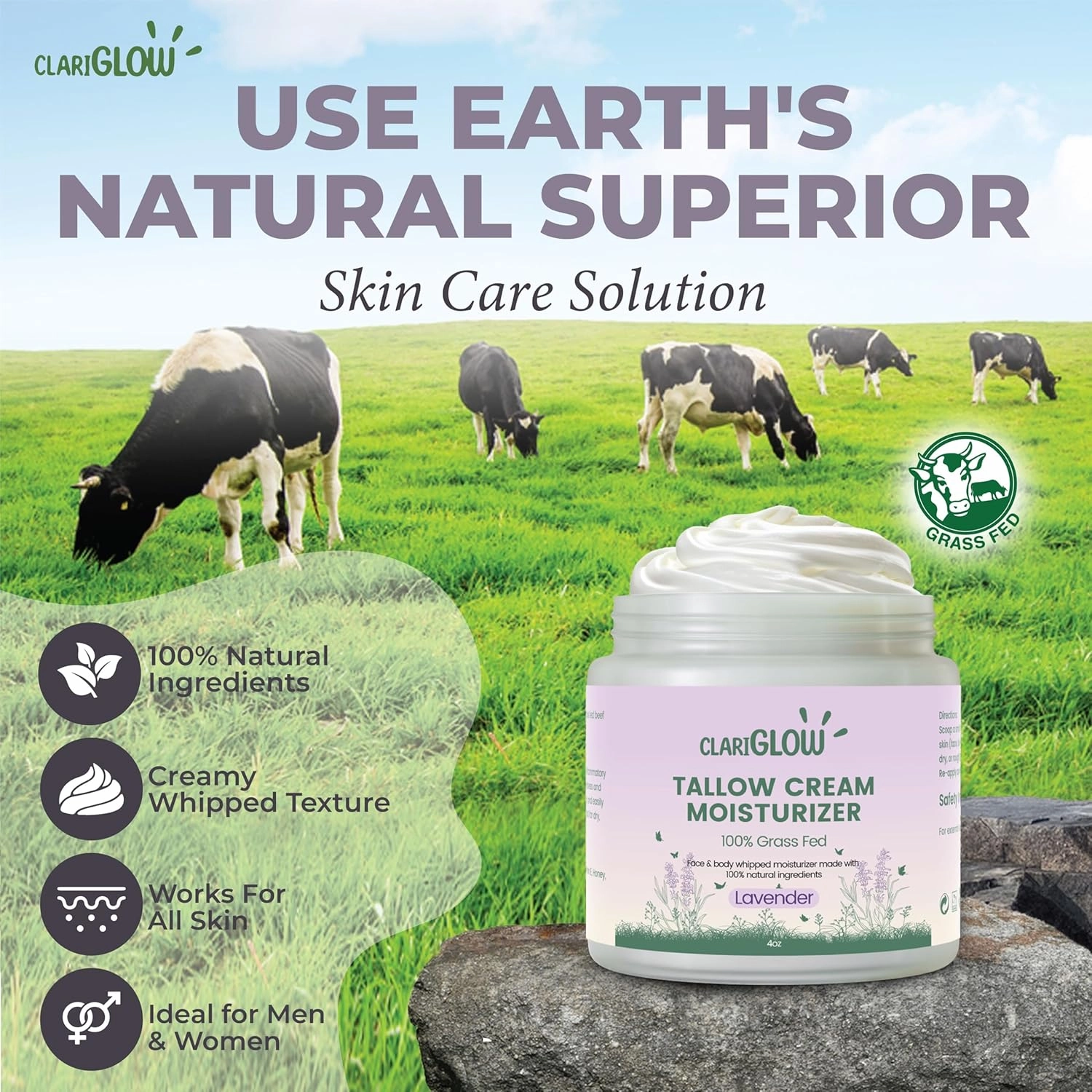 Whipped Beef Tallow Skin Moisturizer - 100% Grass Fed Beef Tallow Face Cream - Natural Lotion Balm Body Moisturizer with Honey & Lavender - 4 oz