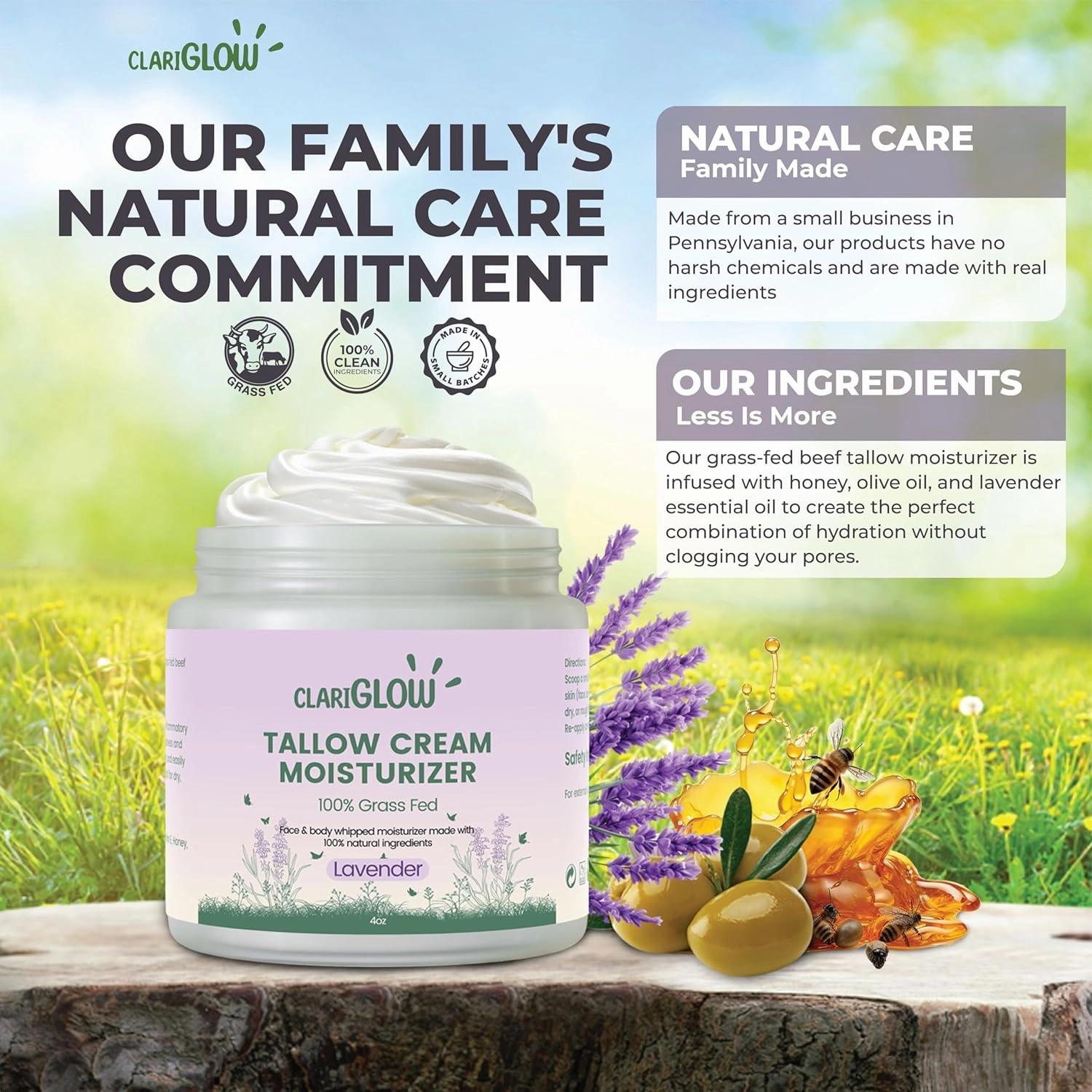 Whipped Beef Tallow Skin Moisturizer - 100% Grass Fed Beef Tallow Face Cream - Natural Lotion Balm Body Moisturizer with Honey & Lavender - 4 oz