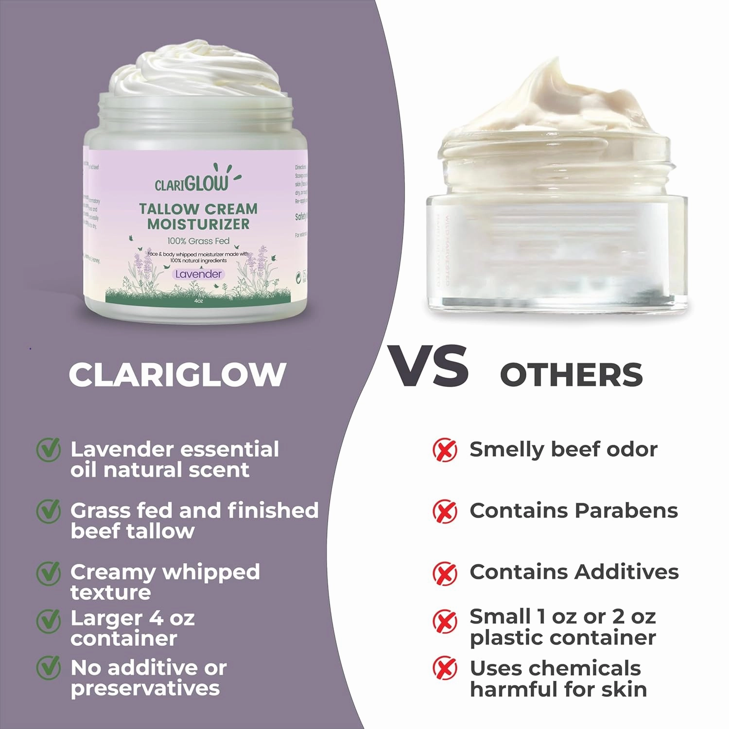 Whipped Beef Tallow Skin Moisturizer - 100% Grass Fed Beef Tallow Face Cream - Natural Lotion Balm Body Moisturizer with Honey & Lavender - 4 oz