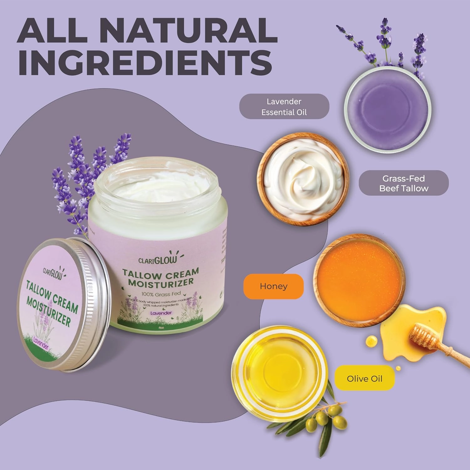 Whipped Beef Tallow Skin Moisturizer - 100% Grass Fed Beef Tallow Face Cream - Natural Lotion Balm Body Moisturizer with Honey & Lavender - 4 oz