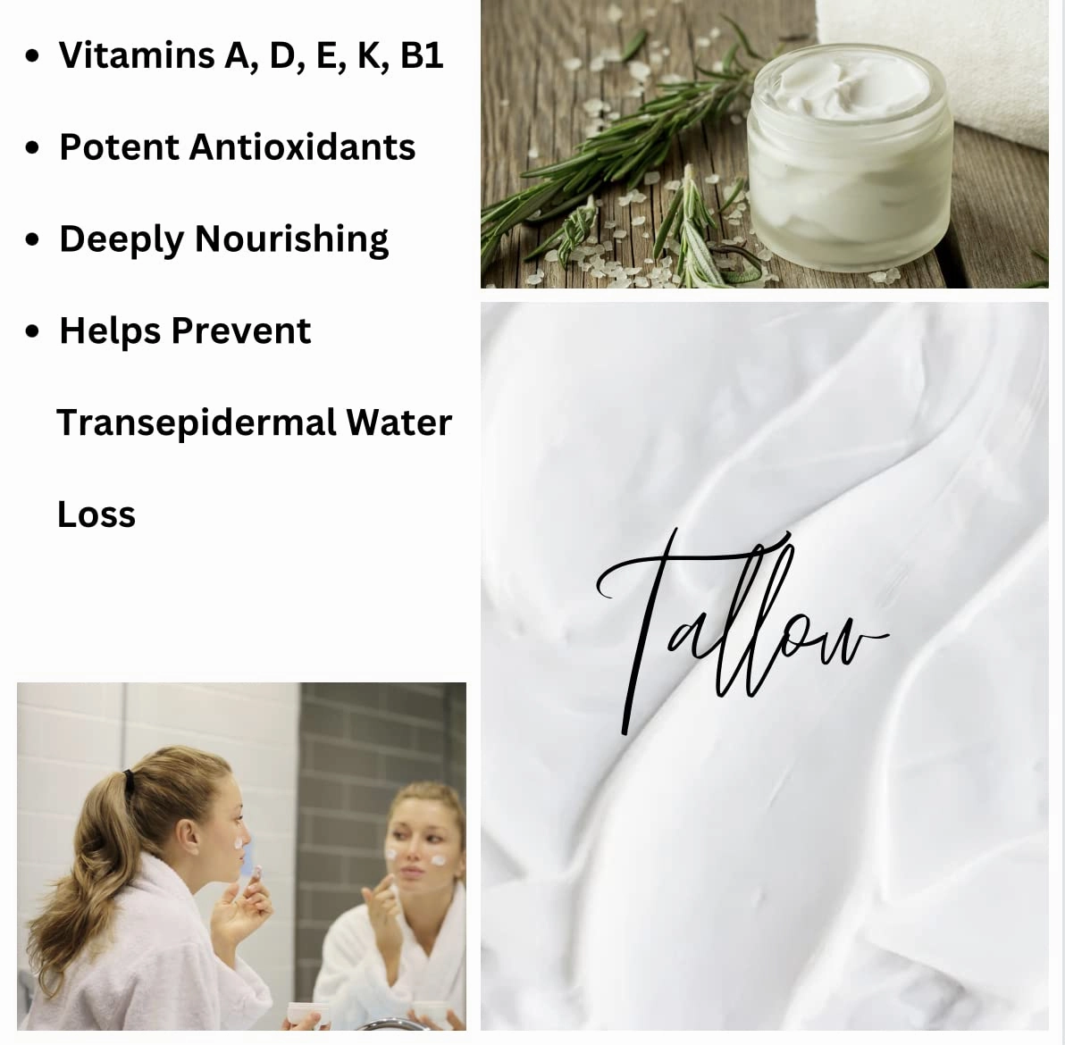 Whipped Tallow Face & Body Cream- Vitamin A, D, E, K & B1- Organic Grassfed Tallow & Olive Oil-Anti-Wrinkle Cream-Intense Hydration (Frankincense)