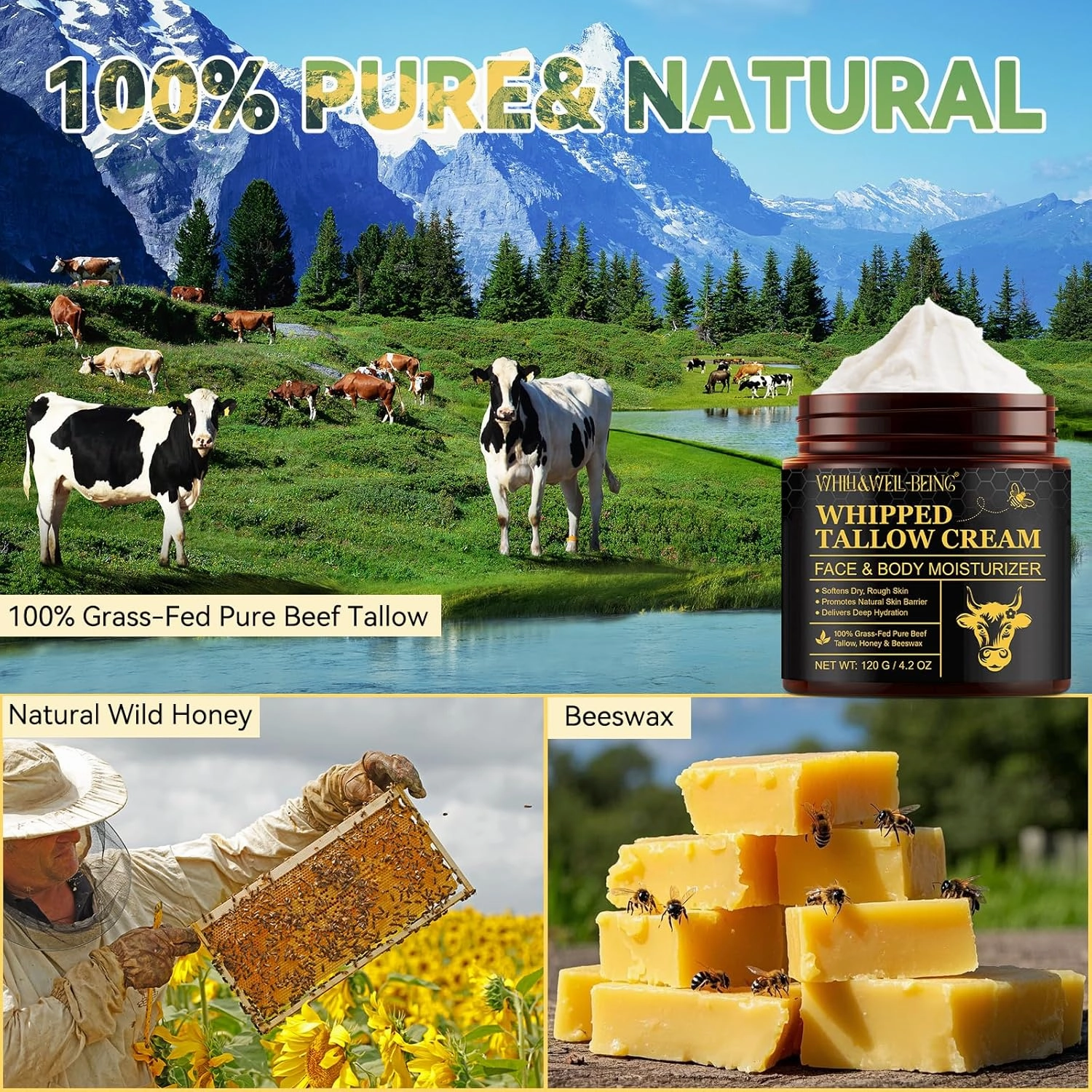 WHLH & WELL-BEING Beef Tallow for Skin, Beef Tallow and Honey Balm, Moisturizer for Face & Body Skin Care(2Pack)