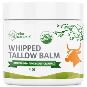 Wild Naturals Whipped Tallow Balm, 100% Grass Fed Beef Tallow and Honey Balm for Face and Body, Unscented Face Moisturizer, Anti-Aging and Dry Skin Relief, Non-Greasy, All-Natural, 4oz