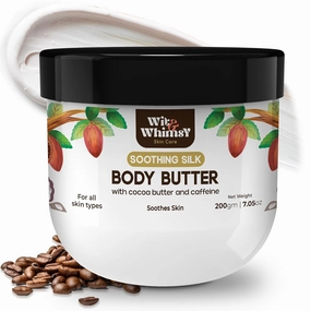 Wit & Whimsy Soothing Silk Body Butter Enriched with Cocoa Butter & Caffeine | Body Moisturizer for All Skin Types | Body Cream for 72Hrs | Skin Nourishing Shea Butter for Men & Women - 200gm(7.05Oz)