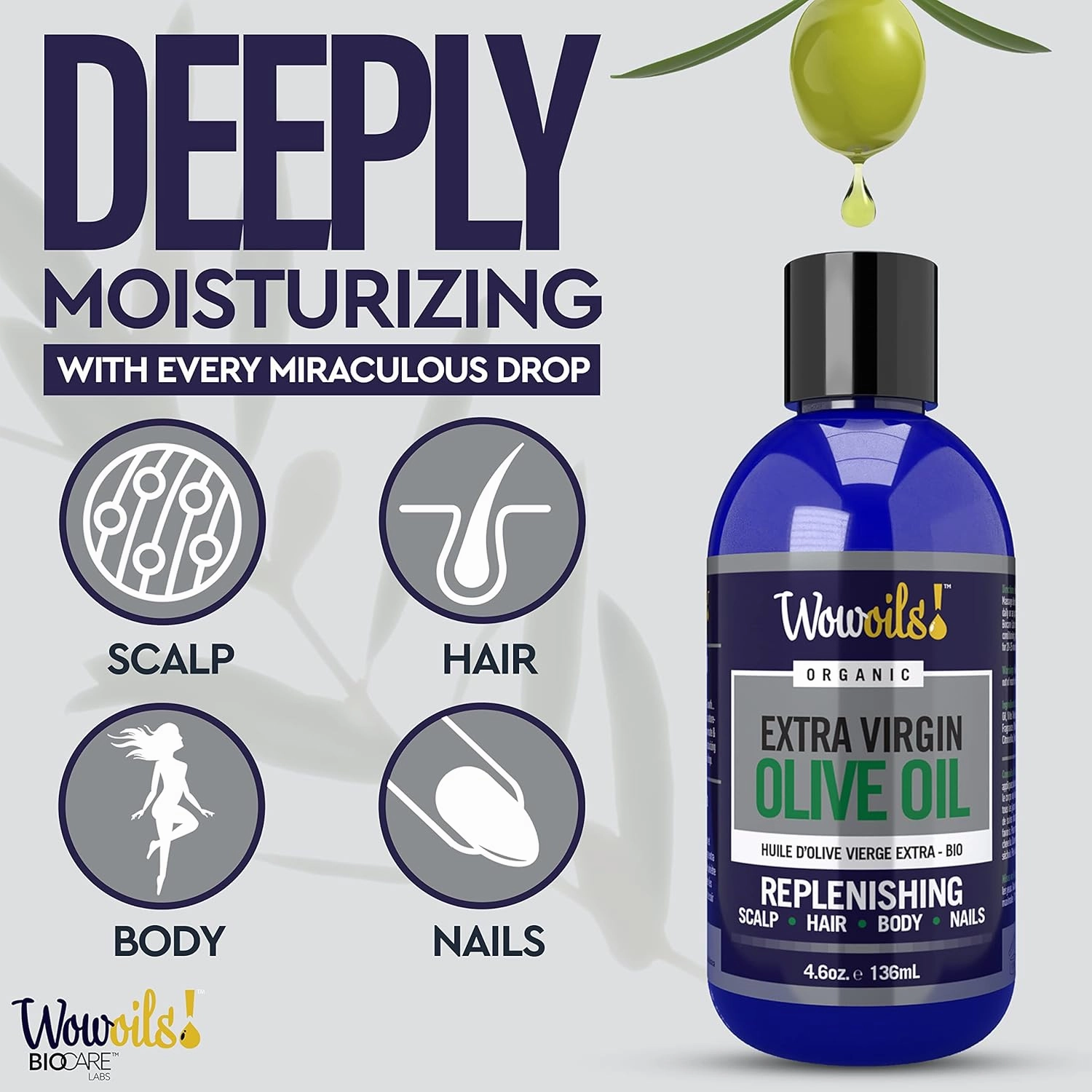 WOWOILS! Extra Virgin Olive Oil for Hair Shine & Smoothening - Repair Dry, Damaged Hair, Reducing Frizz & Mending Split Ends, Suitable for Hair, Scalp, Nails & Body Moisturizer, 4.6 Oz