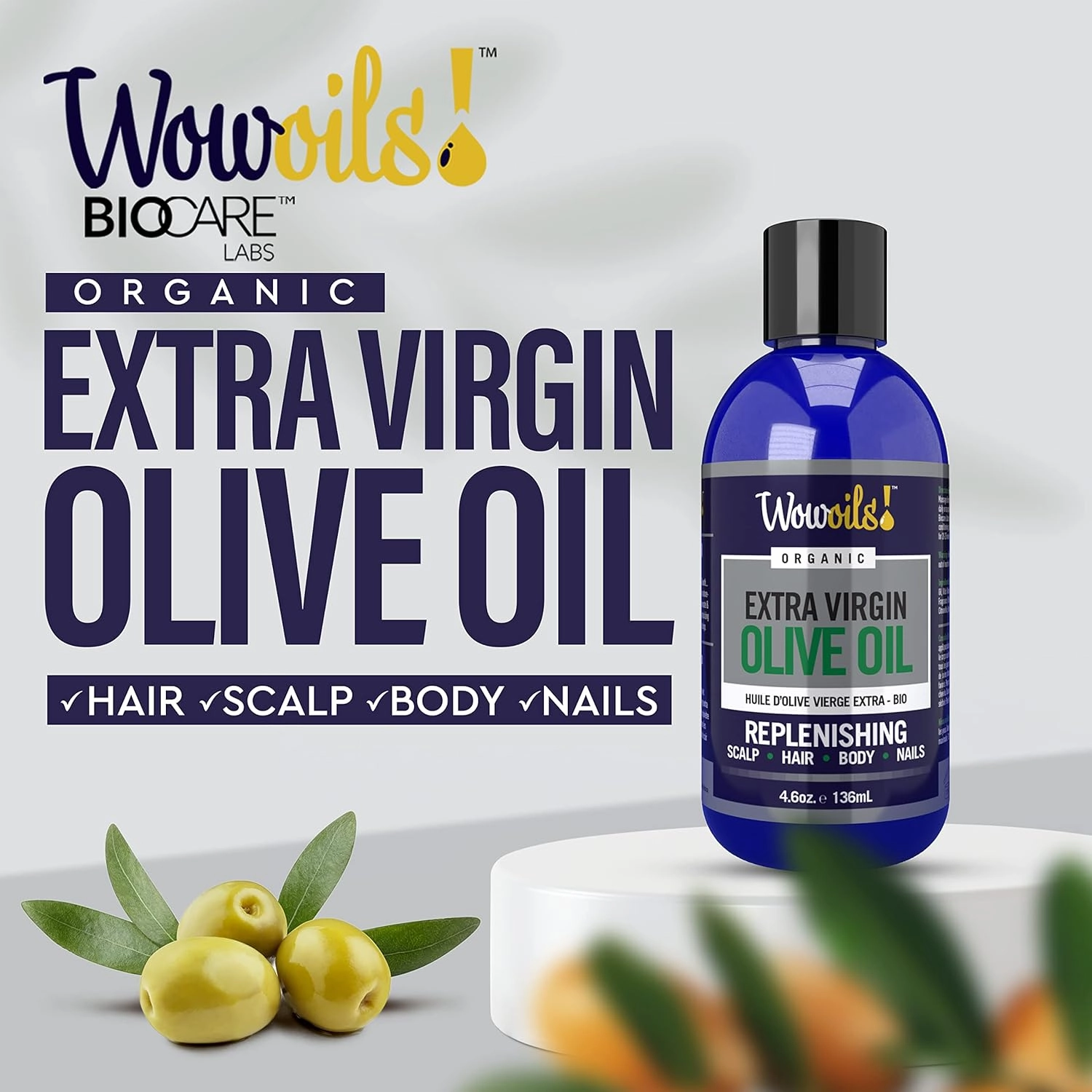 WOWOILS! Extra Virgin Olive Oil for Hair Shine & Smoothening - Repair Dry, Damaged Hair, Reducing Frizz & Mending Split Ends, Suitable for Hair, Scalp, Nails & Body Moisturizer, 4.6 Oz