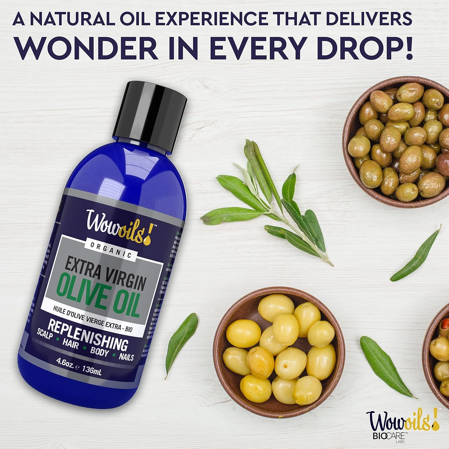 WOWOILS! Extra Virgin Olive Oil for Hair Shine & Smoothening - Repair Dry, Damaged Hair, Reducing Frizz & Mending Split Ends, Suitable for Hair, Scalp, Nails & Body Moisturizer, 4.6 Oz