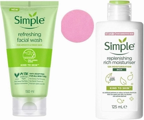 YDF Simple Hydrating Rich Moisturizer, 4.2 Ounce - Simple Moisturizing Facial Wash, 5 Ounce - With Compressed Face Sponge