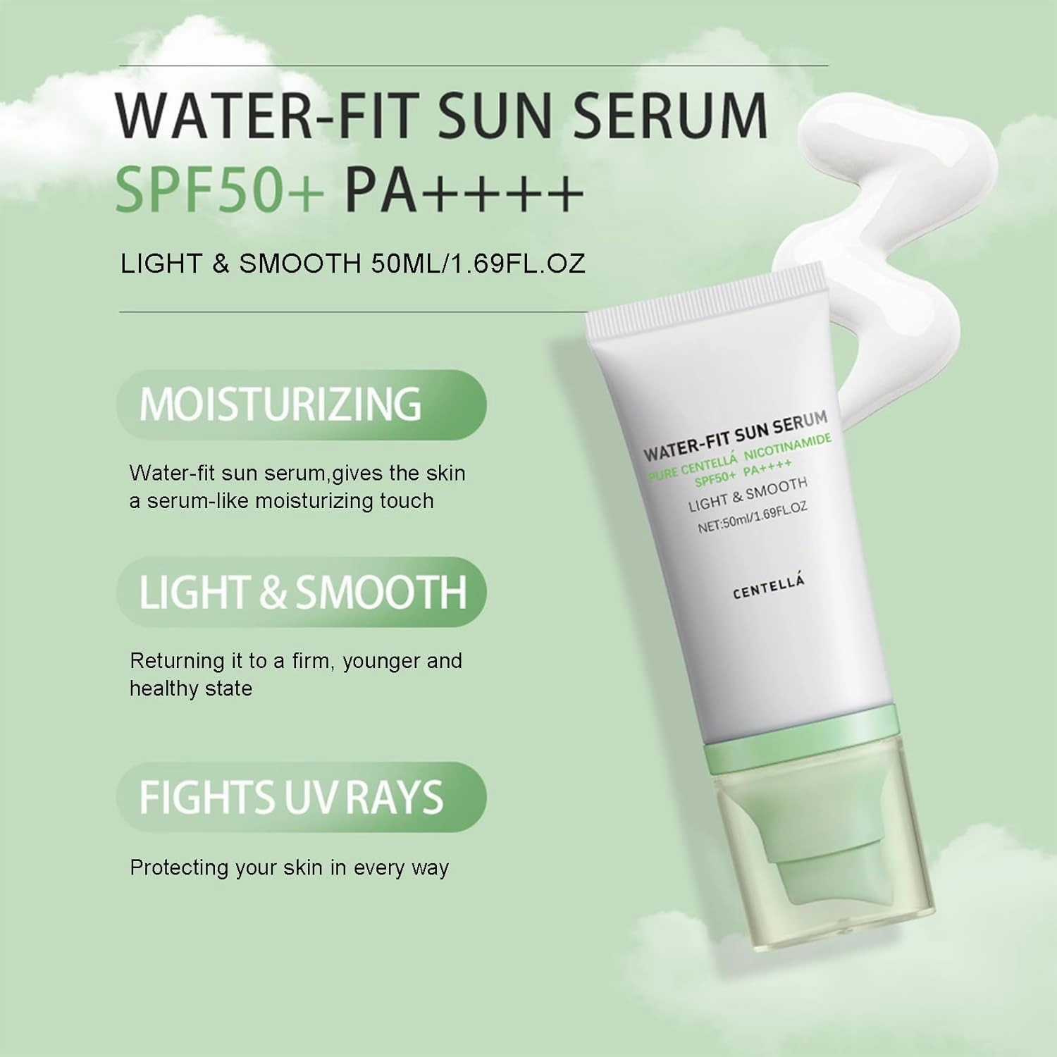𝐶𝑒𝑛𝑡𝑒𝑙𝑙á Sunscreen SPF 50, Hyalu Cica Water-Fit Sun Serum, Face Sun Screen Long-Lasting Protection, Cen-tella Madagascar Sunscreen, NO White Cast - Dry Oily Korean Skincare (Green 2)